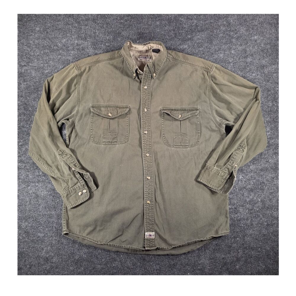 County Seat Men's M Green Cotton Twill Button-Down Button-Up Shirt Pockets